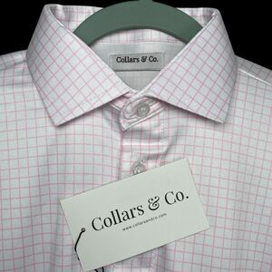 Collars & Co Polo Shirt Men Medium Pink Thin Check Dress Collar Preppy Golf Grid